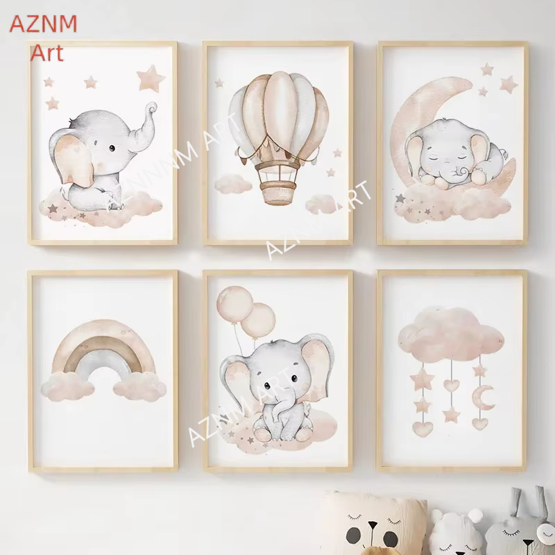 Baby Nursery Room - ملصقات جدارية للأطفال بتصميم الفيل والبالونات