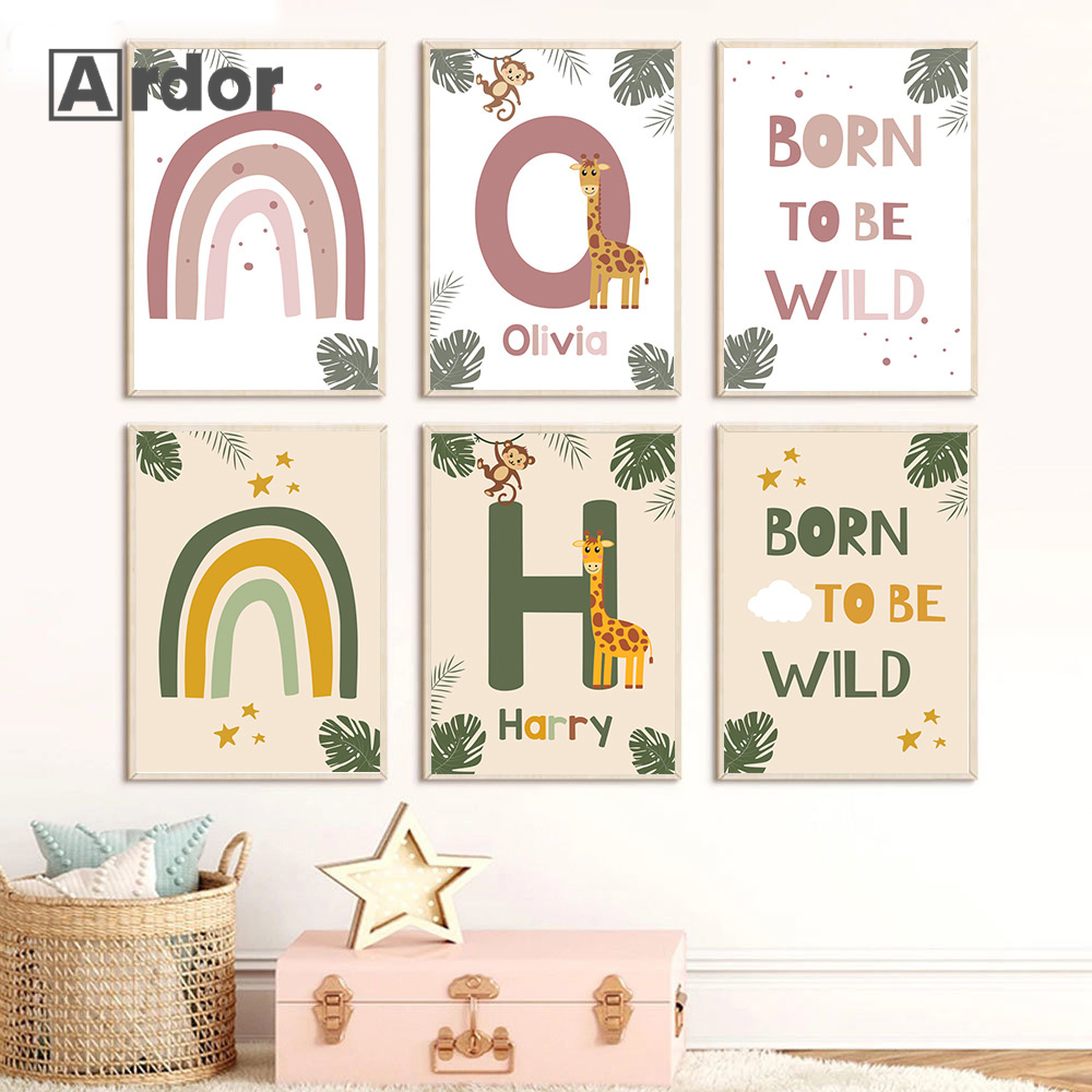 Baby Nursery Name Wall Art - الشمال الغابة الحيوان الملصقات اسم مخصص