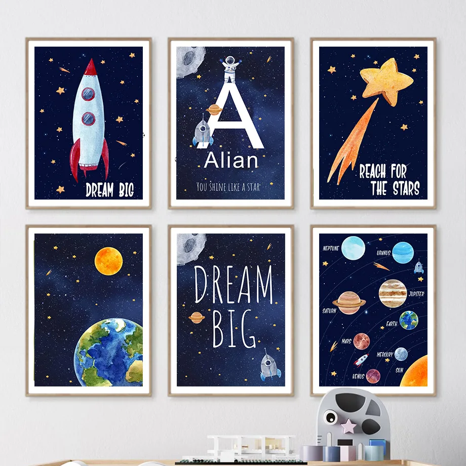 Baby Nursery Name Wall Art - لوحة قماشية مخصصة بتصميم رائد فضاء